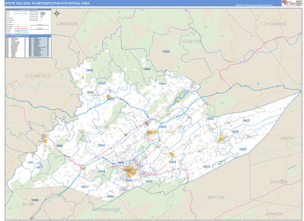 State College Metro Area Wall Map Basic Style